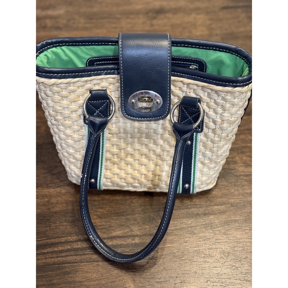 VTG Chaps Purse‎ Beach Resort Tote Bag Woven Tan Navy Leather  Classy Vacation